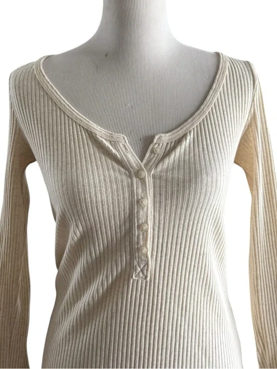 aerie Ribbed Henley Long Sleeve Top — Cream Size M - Picture 2 of 10